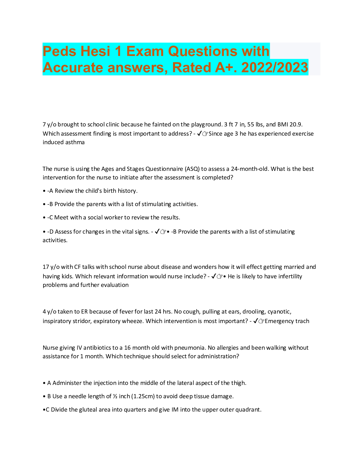 Preview image for Peds Hesi 1 Exam Questions with Accurate answers, Rated A+. 2022/2023